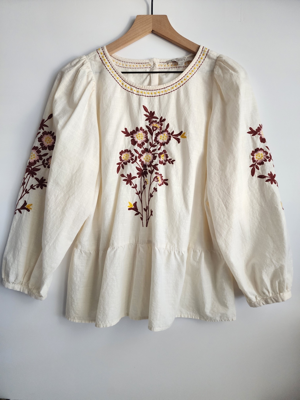 LOFT Cream Peasant Blouse with Burgundy, Pink and Yellow Floral Embroidery
